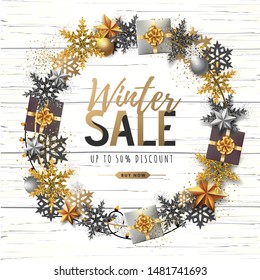 Winter big sale typography poster with snowflake wreath. Winter concept