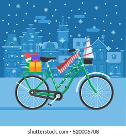 Winter bike with New Year tree, red scarf and gift boxes. Festive background with decorated bicycle on snowy Europe city landscape. Christmas bike card template. Winter bicycle vector illustration.