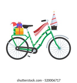 Winter bike with New Year tree, red scarf and gift boxes. Decorated christmas bicycle with garland and santa hat. Festive christmas bike vector illustration.