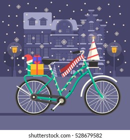 Winter bike with New Year tree, red scarf and gift boxes. Festive background with decorated bicycle on snowy Europe city landscape. Christmas bike card template. Winter bicycle vector illustration.