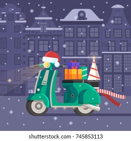 Winter bike with New Year tree, red scarf and gift boxes. Festive background with decorated motorbike on snowy Europe city landscape. Christmas scooter card template.