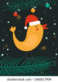 Winter Bir singing. Christmas time. Vector illustration, Christmas greeting card.
