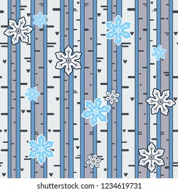Winter birch forest with snowflakes seamless pattern. Cute pretty vector illustration for wallpaper, print, textile, design. Snowfall and winter trees