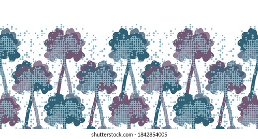 Winter birch tree silhouettes. Decorative seamless vector horizontal border in violet, blue and pink on snowy like white background. Great for wallpapers, interior decoration, curtains and fashion.
