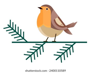 Winter Bird American Robin Perched on a Pine Branch, Bird Illustration in Geometrical Style