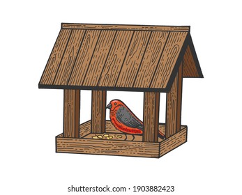 Winter bird feeder color sketch engraving vector illustration. T-shirt apparel print design. Scratch board style imitation. Black and white hand drawn image.
