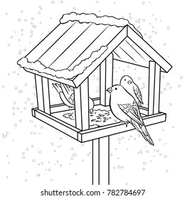 Winter bird feeder coloring book vector illustration. Comic book style imitation.