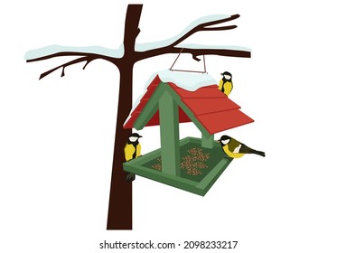 Winter bird feeder on a tree. Tits eat food from a wooden feeder. Feeding birds with seeds. Vector illustration.