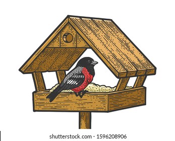 Winter bird feeder sketch engraving vector illustration. T-shirt apparel print design. Scratch board style imitation. Black and white hand drawn image.