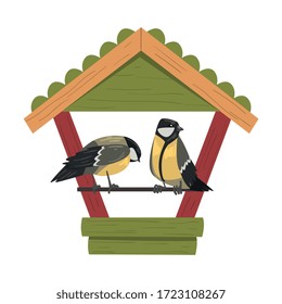 Winter Bird Feeder with Titmouses, Northern Birds Feeding by Seeds in Wooden Feeder Vector Illustration