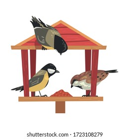 Winter Bird Feeder with Titmouses and Sparrows, Northern Birds Feeding by Seeds in Wooden Feeder Vector Illustration