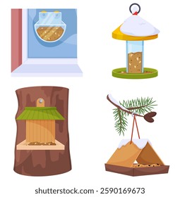 Winter bird feeders. Feeding bowl at window. Birdie house hanging on tree branches. Food for animals caring. City birdwatching. Dispenser tube with cereal. Wooden