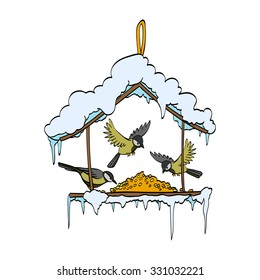 Winter. Bird feeders. Hand-drawn vector Illustration isolated on white background