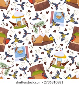 Winter bird feeders seamless pattern. Animals shelters with food. Tits and bullfinches peck at grain. Sparrows fly. Repeated print. Feeding seeds. Birdie care. Park birdwatching. Vector background
