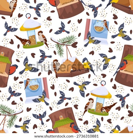 Winter bird feeders seamless pattern. Animals shelters with food. Tits and bullfinches peck at grain. Sparrows fly. Repeated print. Feeding seeds. Birdie care. Park birdwatching. Vector background