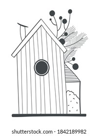 Winter bird house. Hand drawn vector stock illustration.