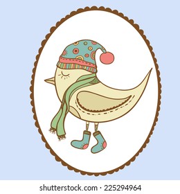 Winter bird in openwork frame. Bird in cloching