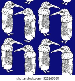 Winter bird pattern.Cute cartoon character. animal collection. Baby bird. Flat design. Vector illustration.blue background