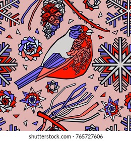 Winter bird and snowflakes. Christmas pattern design.