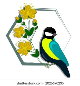 Winter bird titmouse on branches with yellow flowers. Flat style.