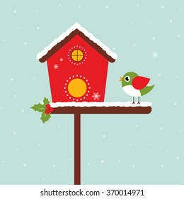 winter birdhouse and bird