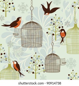 Winter Birds, Birdcages, Christmas trees and vintage background