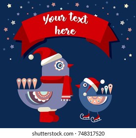 Winter birds in caps and scarves and red lace with space for text