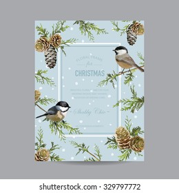 Winter Birds Frame or Card - in Watercolor Style - vector