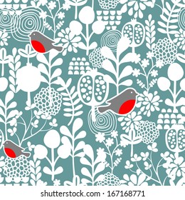 Winter birds and frozen flowers seamless pattern. Vector texture.