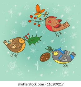 Winter birds. Hand drawn Christmas card