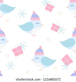 Winter Birds in a Hat with the Present Seamless Pattern