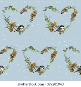 Wintervögel, Retro-Hintergrund - Nahtloses Muster - in Vektorgrafik