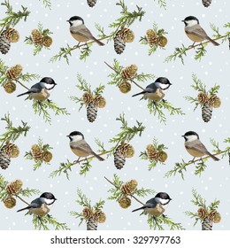 Winter Birds Retro Background - Seamless Pattern - in vector