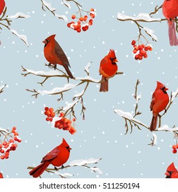 Winter Birds with Rowan Berries Retro Background - Seamless Pattern - in vector