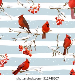 Winter Birds with Rowan Berries Retro Background - Seamless Pattern - in vector