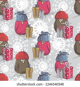 Winter Birds seamless pattern. Birds wearing hat. Birds with gift boxes