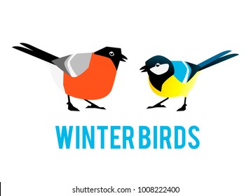 Winter birds are tit and bullfinch. Characters in a flat style.
