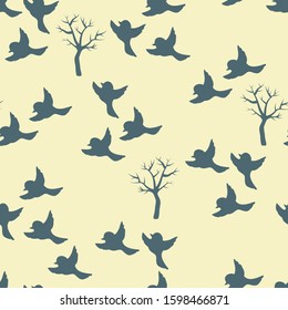 Winter Birds and Trees Vector Seamless Pattern
