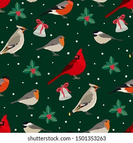 Winter birds Vector illustration Seamless pattern with Christmas holly trees and bells set