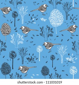 Winter Birds,Christmas trees and vintage background