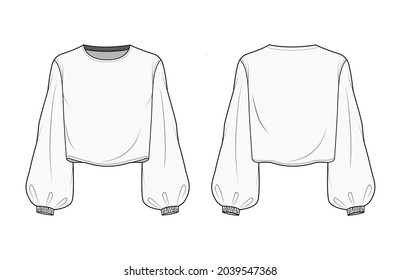 Winter Bishop Sleeve Crop Top Front and Back View Vector Fashion Illustration , CAD, Technical Drawing, Flat Drawing.