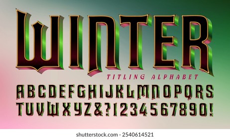 Winter is a black 3d styled retro alphabet with shiny reflected edges in emerald green and magenta.