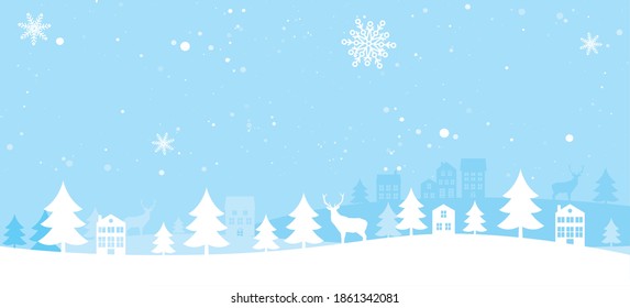 Winter black and gold landscape with fir trees, snow, deers, houses. Merry Christmas and Happy New Year background