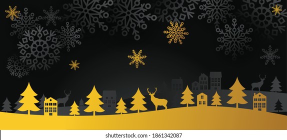 Winter black and gold landscape with fir trees, snow, deers, houses. Merry Christmas and Happy New Year background