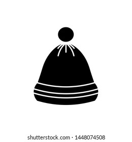 Winter black hat. Simple style icon. Vector illustration of a headwear with pompon and simple decoration. Isolated design element for web and mobile app.