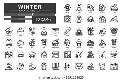 Winter black outline icons set. contain snowflake, snowman, penguin, igloo, ski, winter coat, blanket, snowball, scarf, coat, sled and more. Vector for modern concept, UI, UX, web and app development.