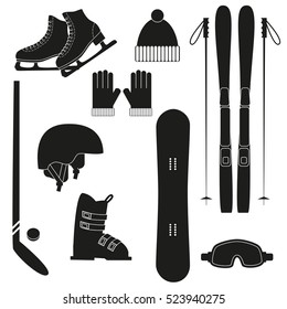 Winter black sports icons on white background. Set of winter sports equipment. Vector illustration.