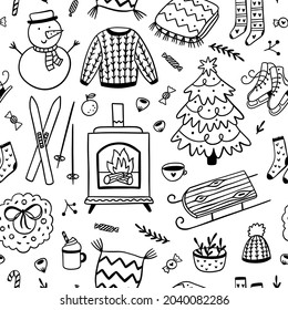 Winter black and white pattern. Vector Christmas background. Cute Christmas doodle seamless pattern