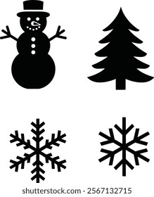 winter black and white silhouette icon illustration vector,snowman,tree,snowice