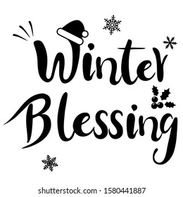 winter blessing Merry Christmas and Happy New Year,new year Vector emblem,Christmas English phrase and Christmas hat,Christmas gifts,holly and snowflake
